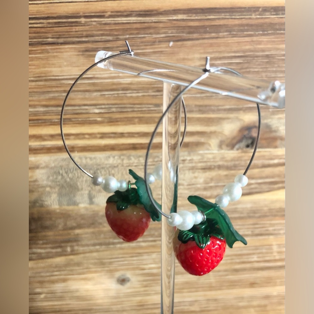 Handmade Strawberry And Pearl Silver Hoops